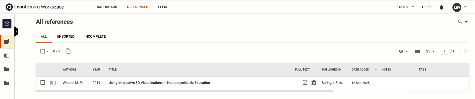 The Workspace website in table view with the side panel hidden.