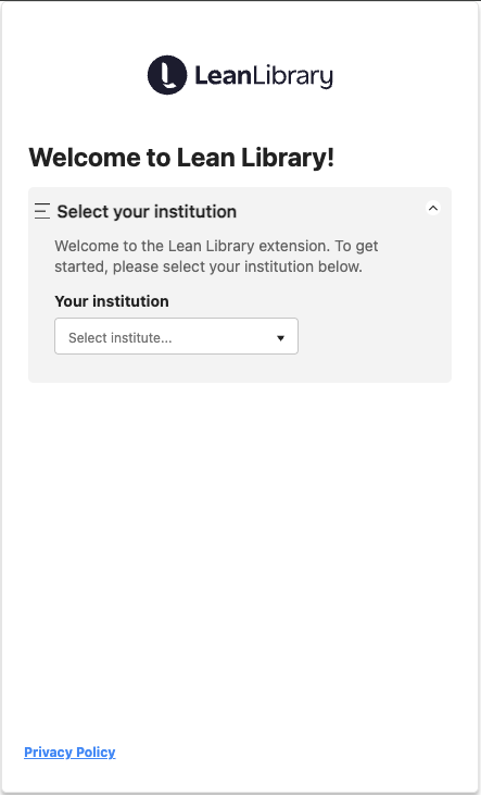The Lean Library extension prompting a user to select their institution